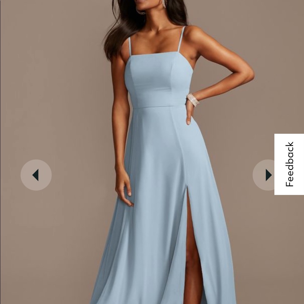 Dusty Blue, David’s Bridal spaghetti strap chiffon bridesmaid dress with slit.